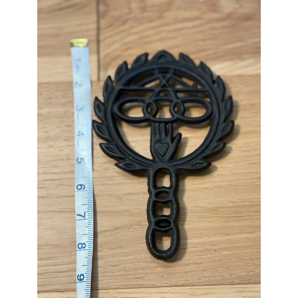 Vintage Cast Iron Trivet Hand with Heart Footed 8in Black 1960s Folk Art 405